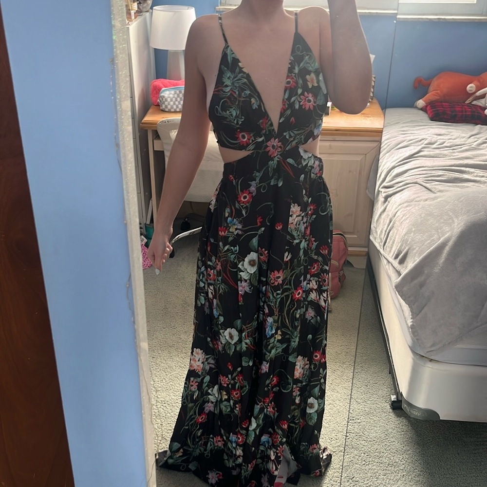 Black floral maci dress with slit